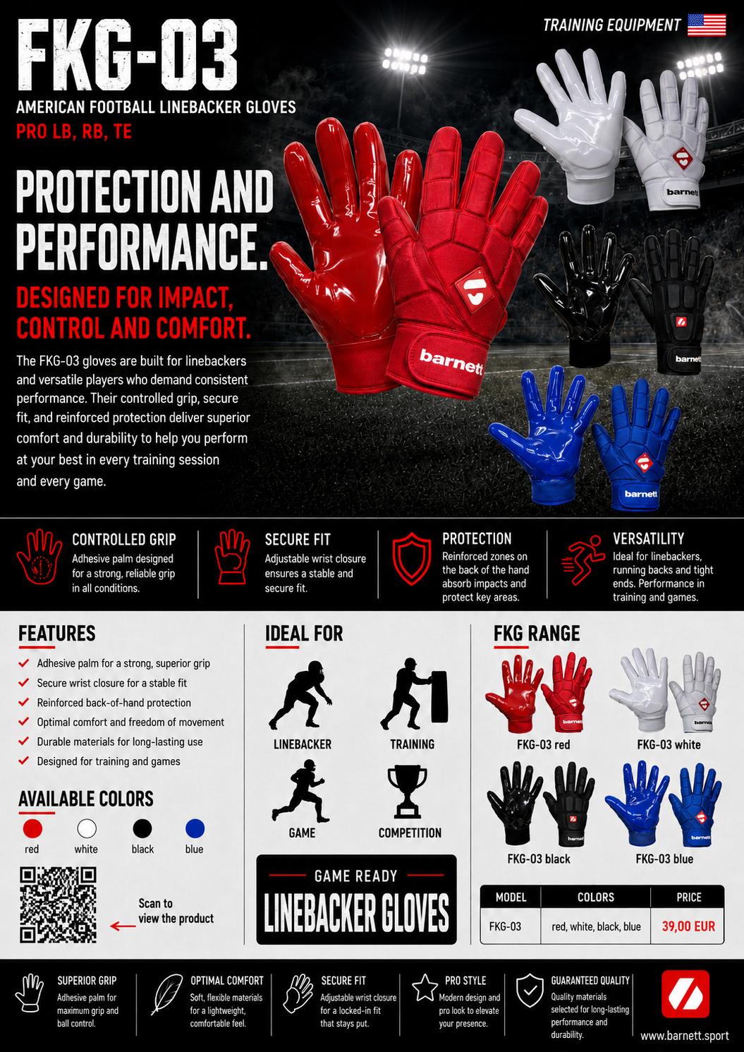 FKG-03 Red High Level Linebacker Football Gloves, LB, RB, TE