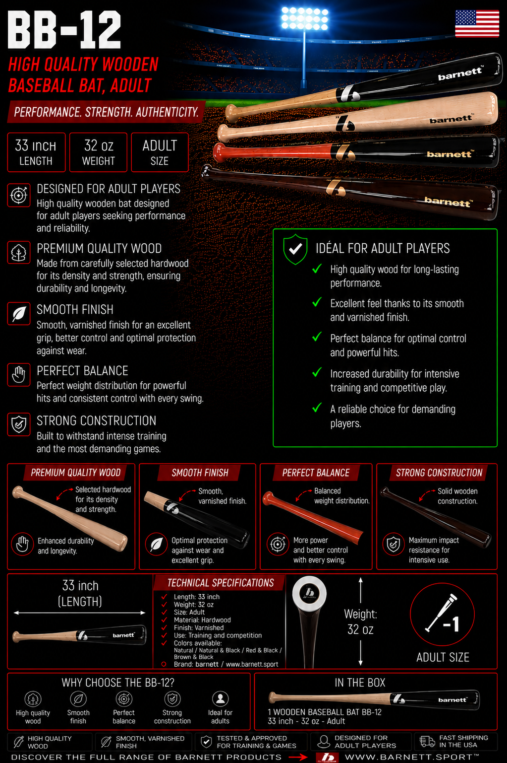 BB-12 baseball bat in quality wood, adult