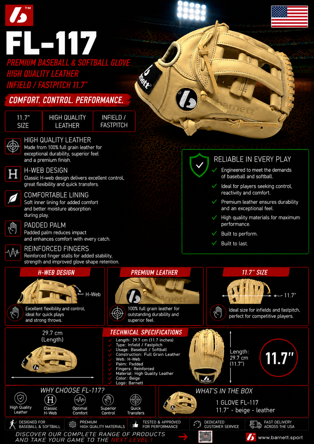 FL-117 Baseball and softball glove, leather, infield / fastpitch 11.7", Beige
