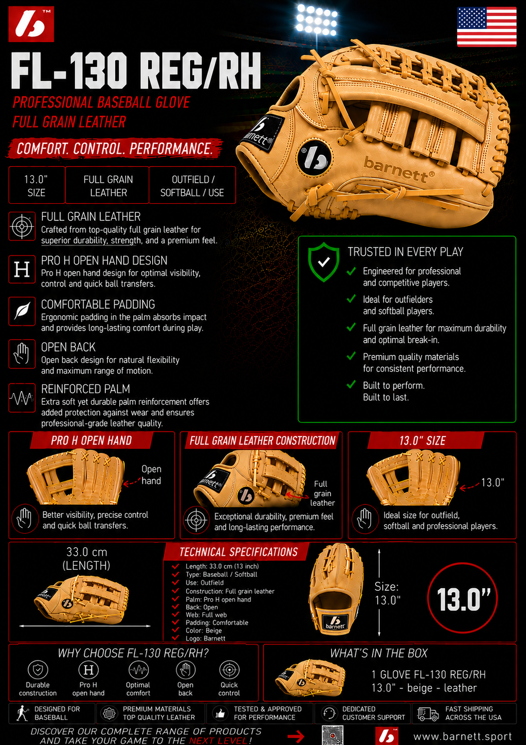 FL-130 Professional baseball glove, full grain leather, outfield, Softball, 13'', Beige