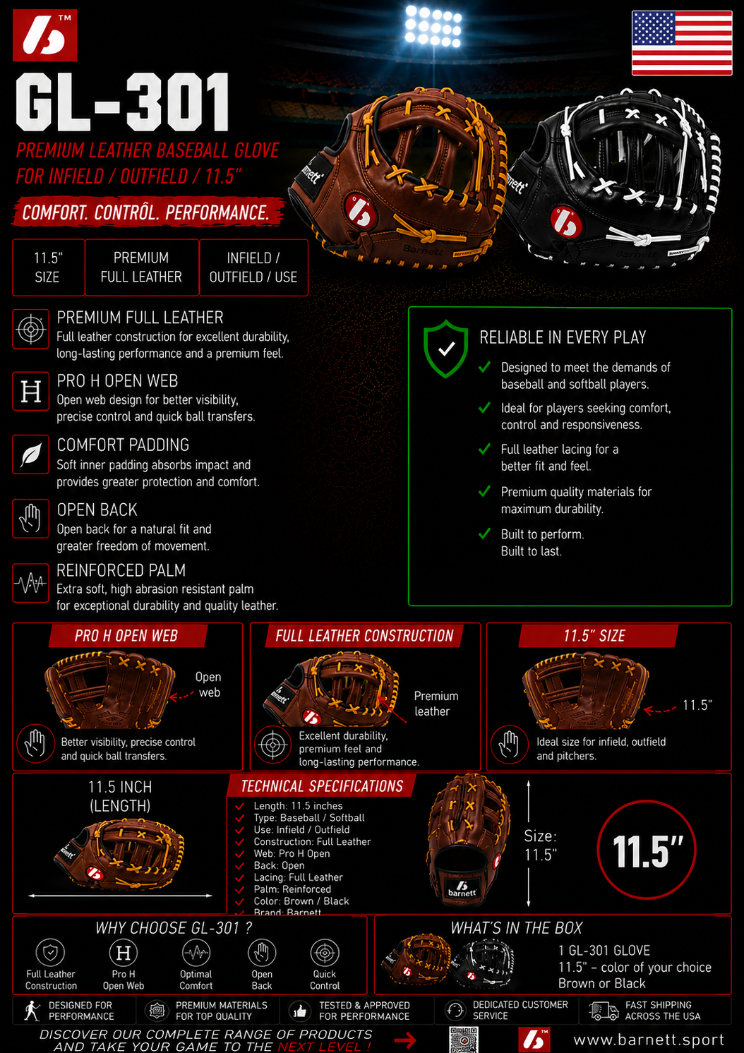 GL-301 Competition first base baseball glove, genuine leather, size 31, Black