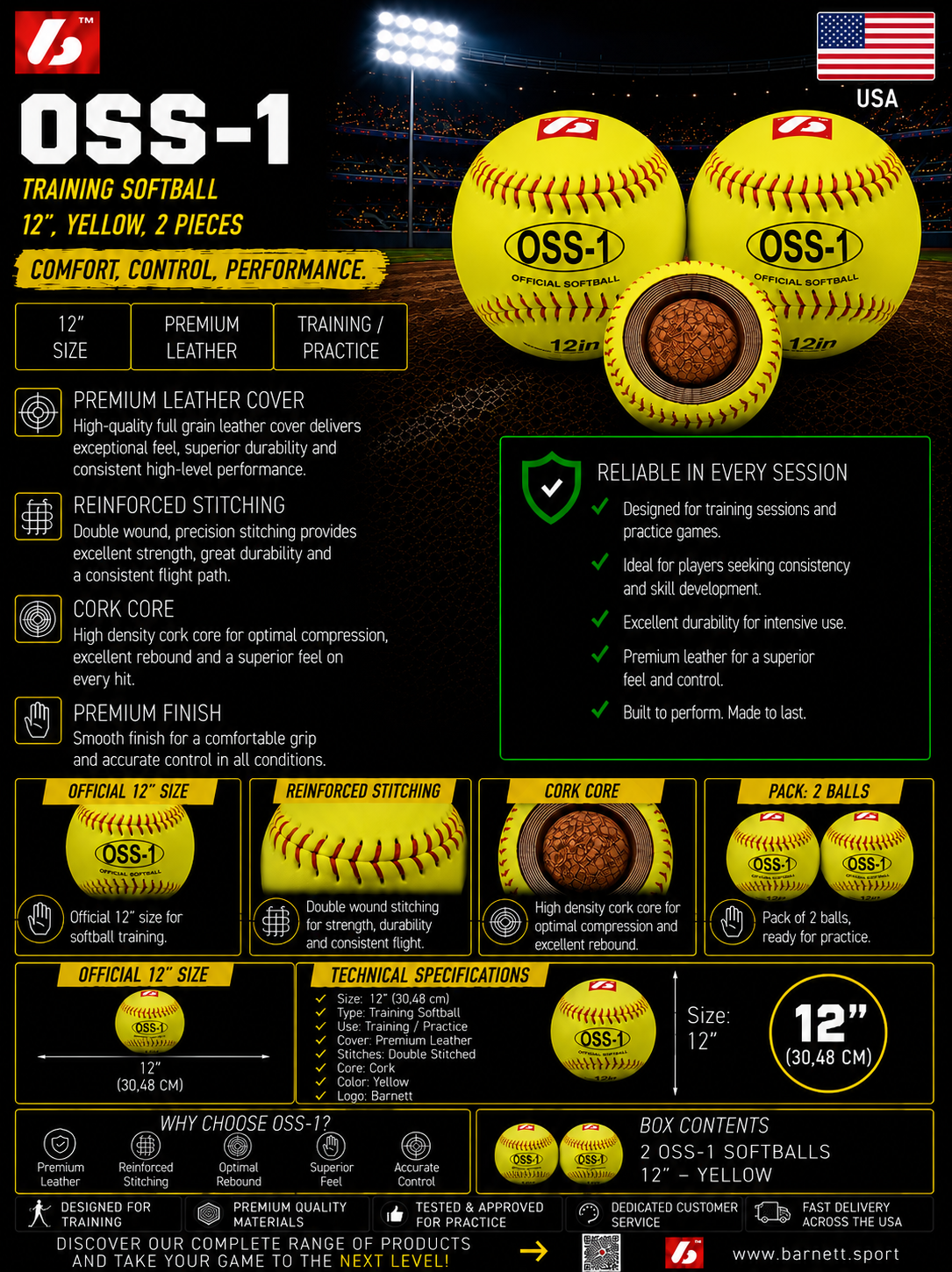 OSS-1 Practice softball ball, size 12", yellow, 1 dozen