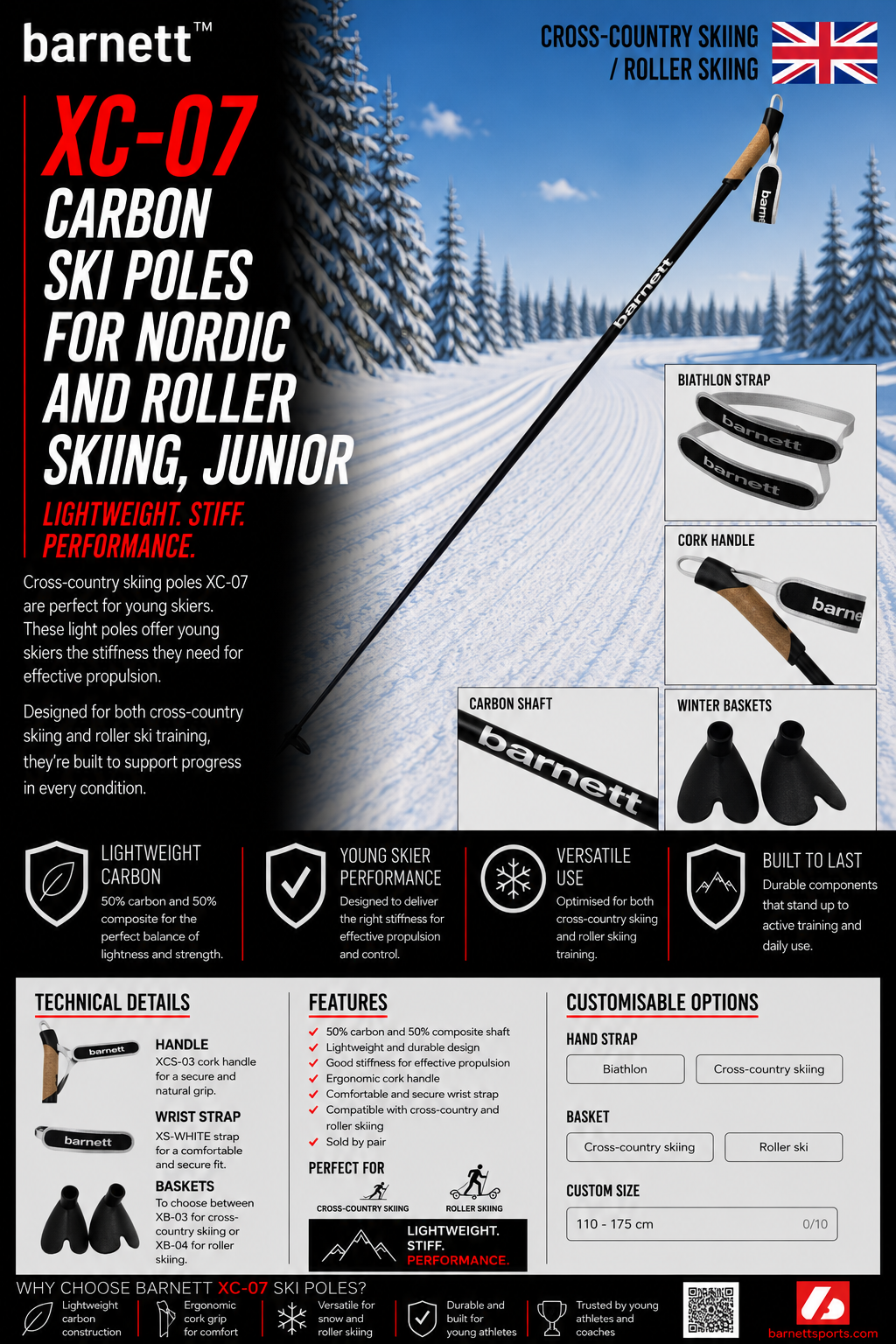 XC-07 Carbon Ski Poles for Nordic and Roller Skiing, Junior
