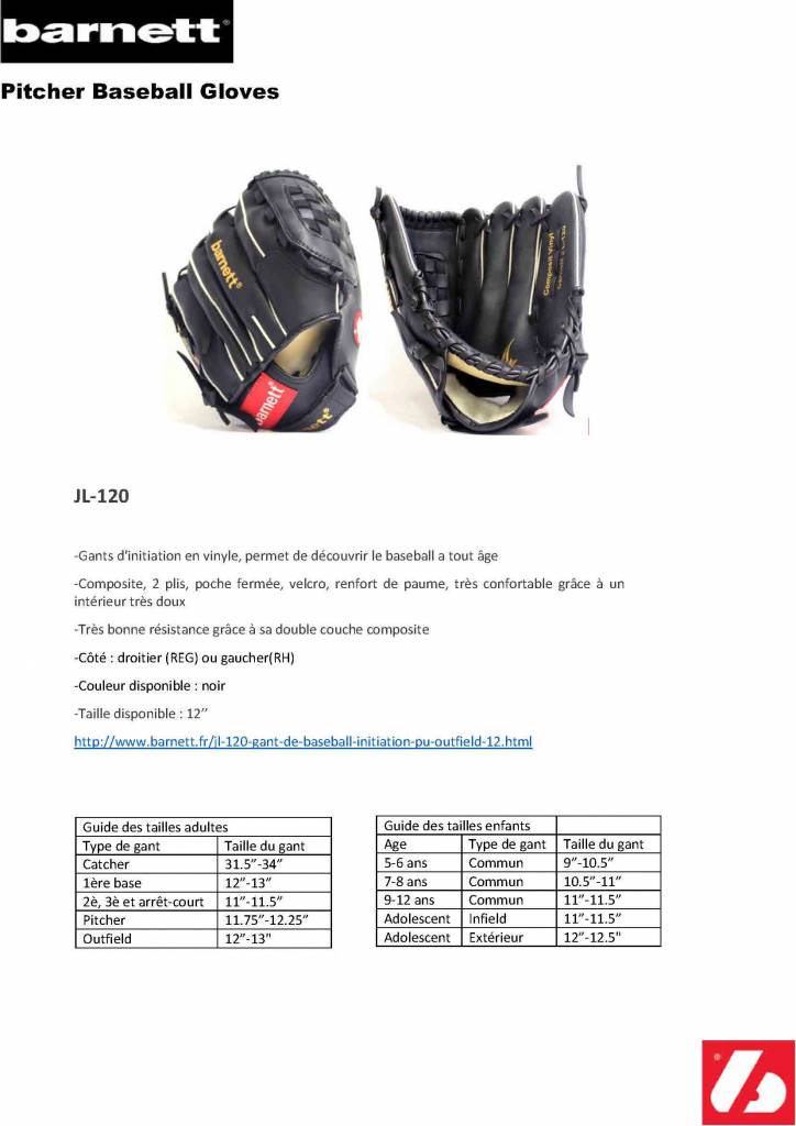 JL-120 INITIATION BASEBALL GLOVE PU OUTFIELD 12, BLACK