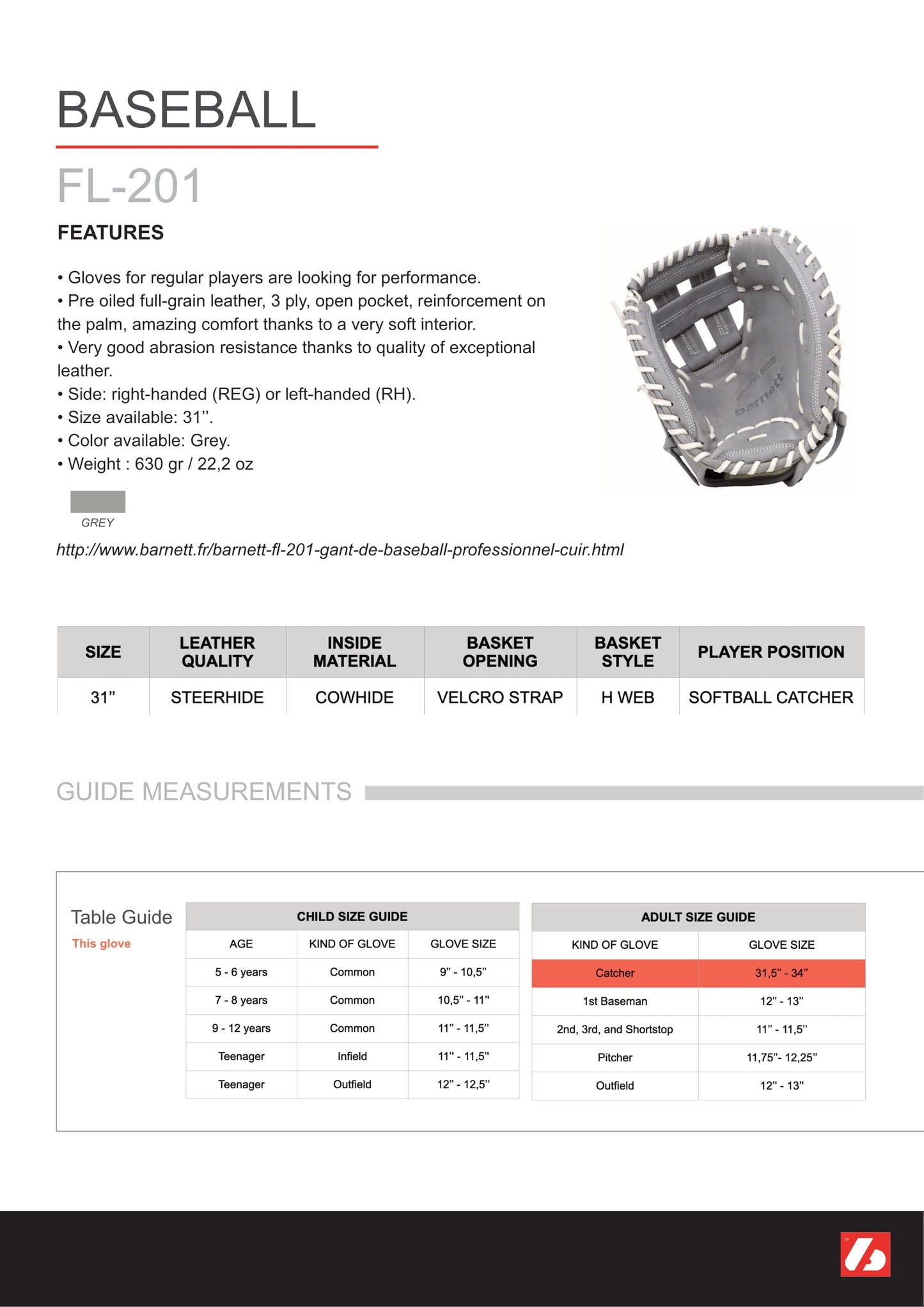 FL-201 Baseball Glove, High Quality, Leather, Catcher, Light Grey