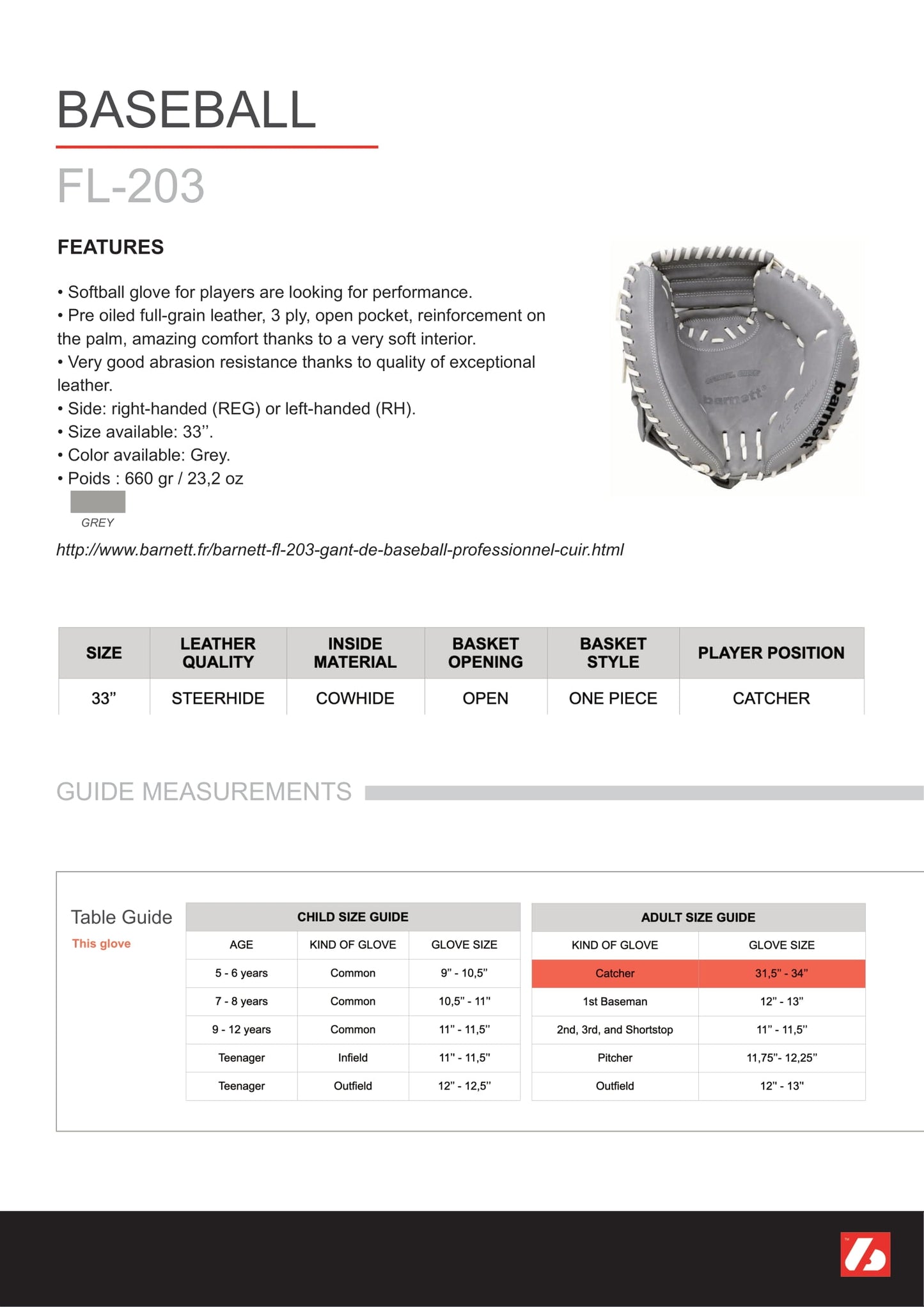FL-203 Softball glove, high quality, leather, catcher, light grey