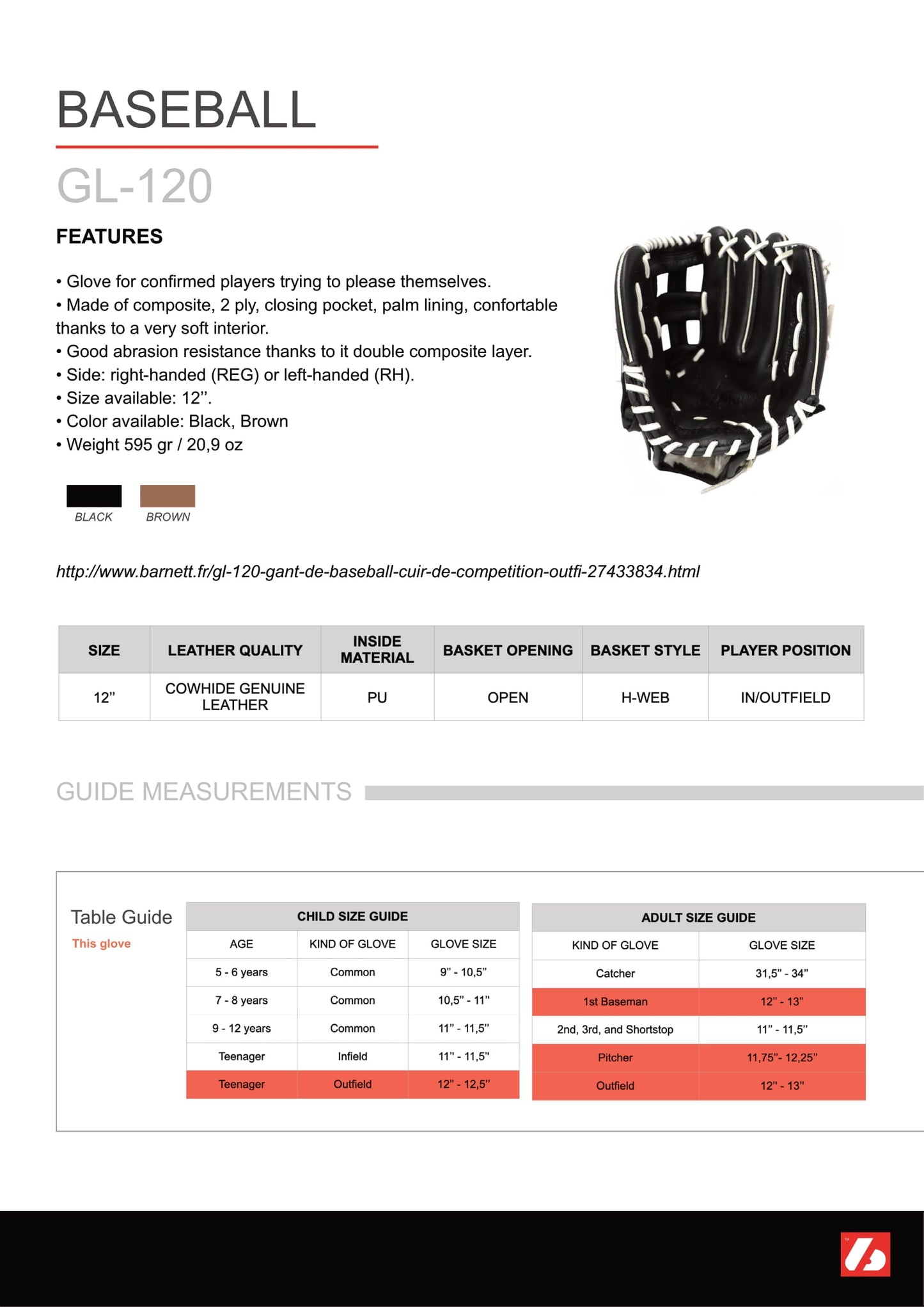 GL-120 Competition baseball glove, genuine leather, outfield 12 Brown