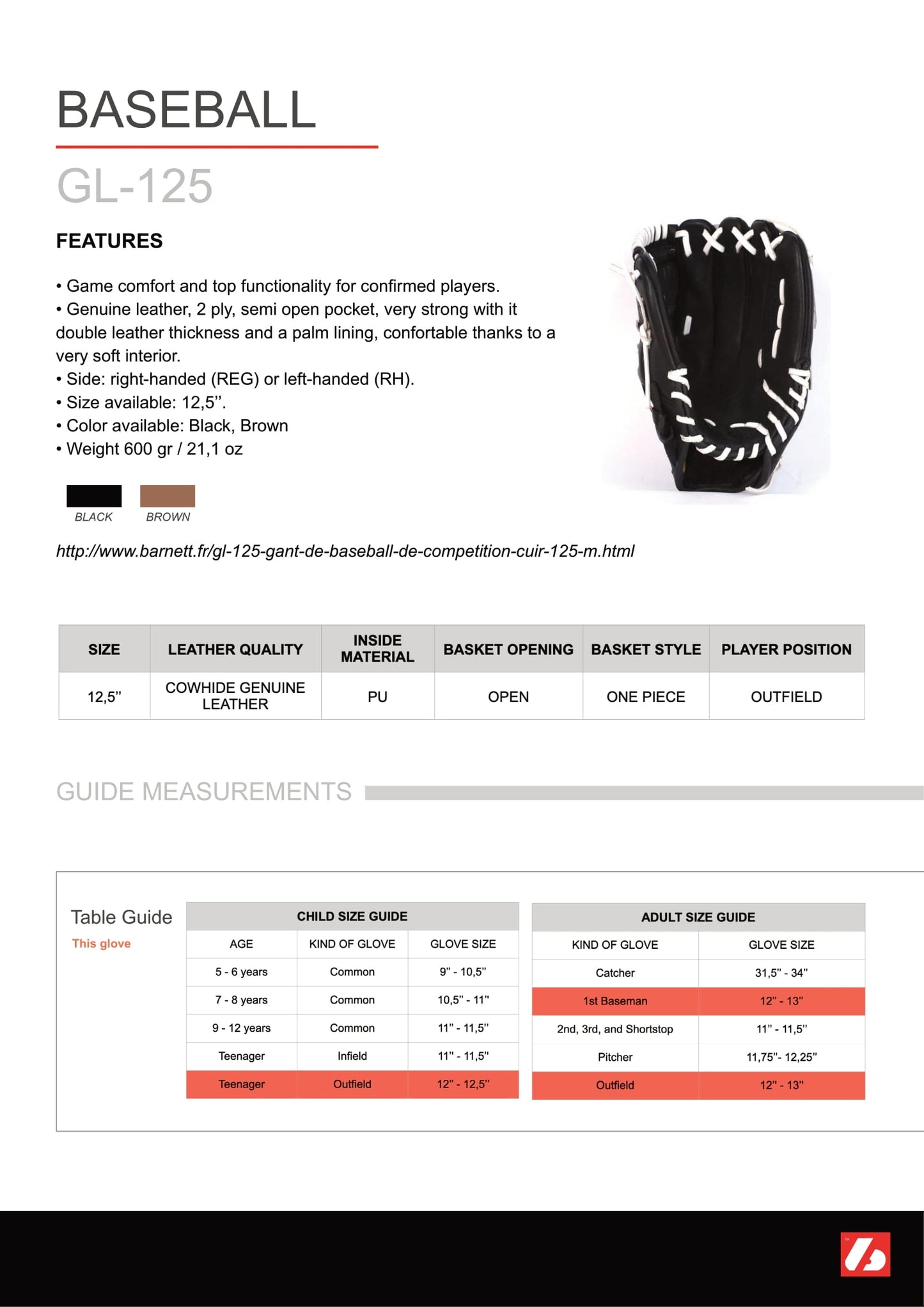 GL-125 Competition baseball glove, genuine leather, outfield 12.5, Brown