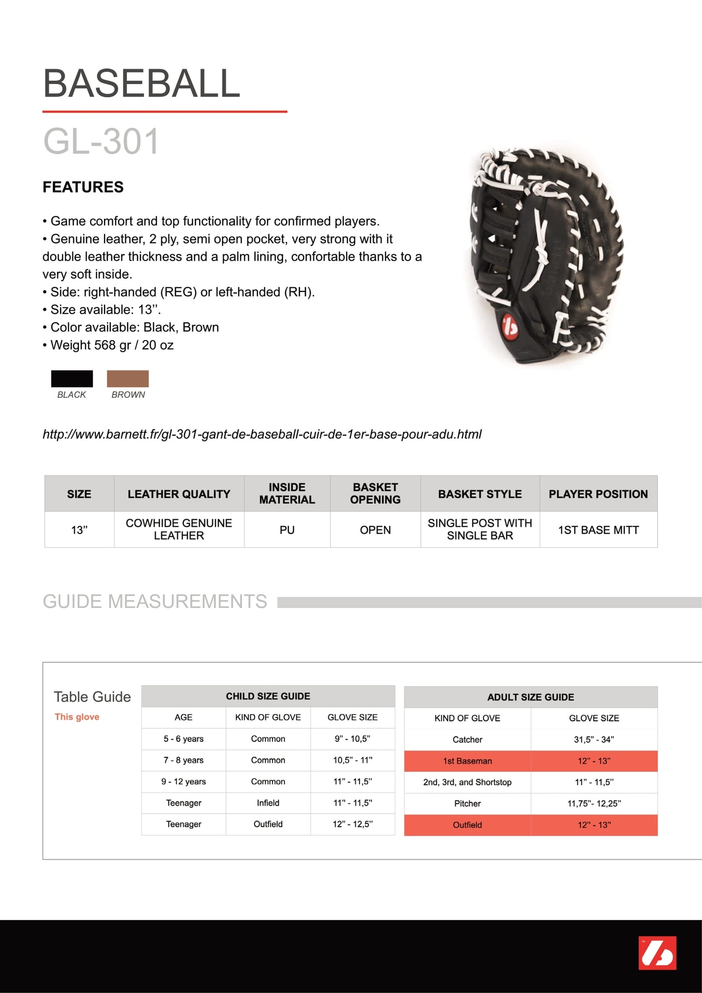 GL-301 Guante de béisbol de primera base de competición, cuero genuino, talla 31, marrón