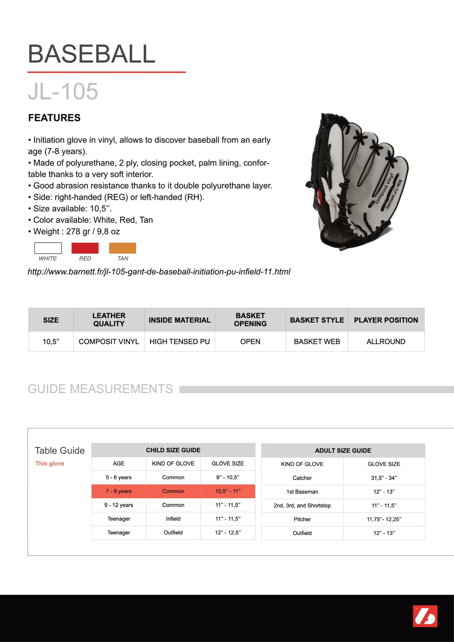 JL-105 - Baseball glove, outfield, polyurethane, size 10.5 ", Red color (Right Hand Throw)