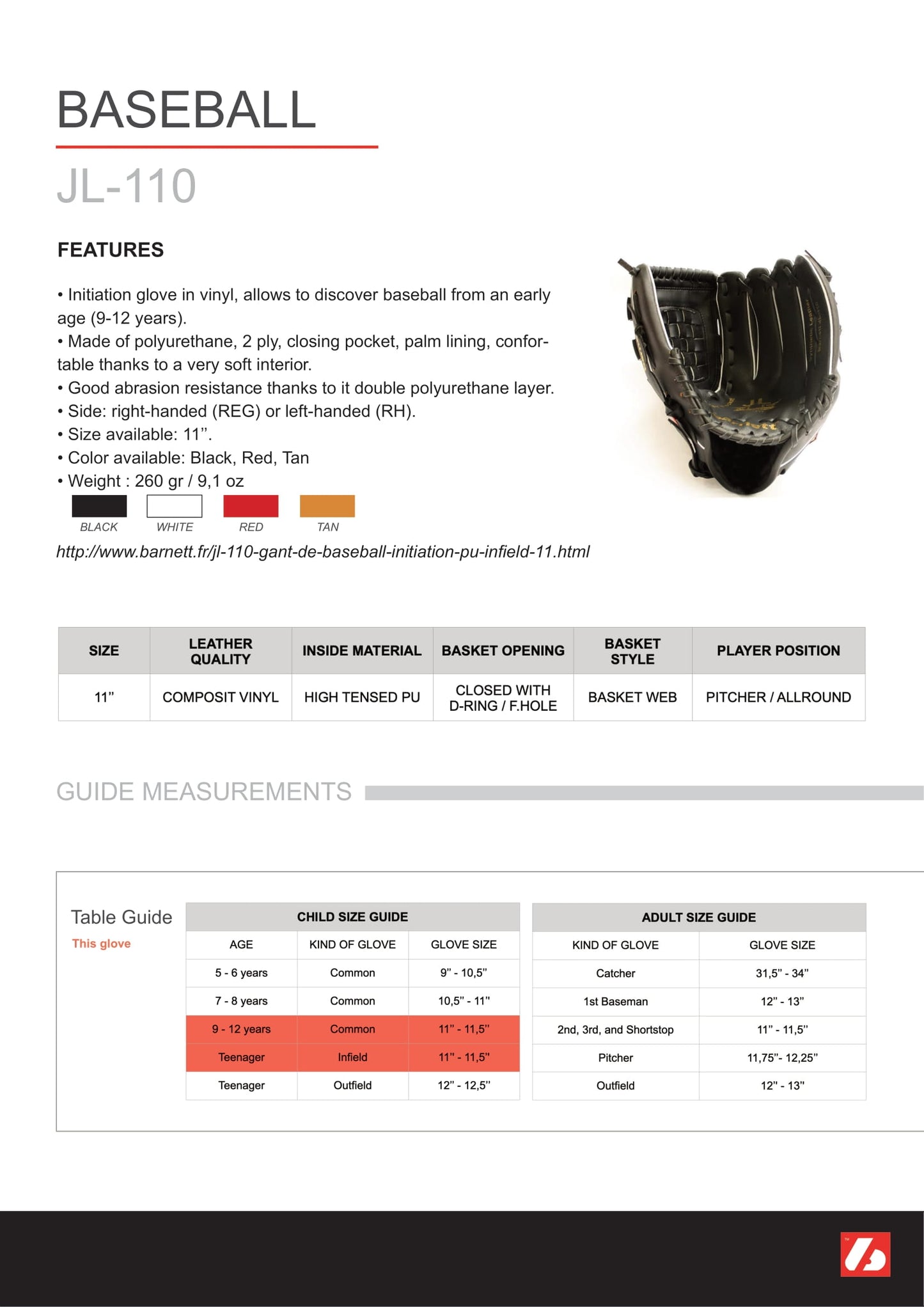 JL-110 Baseball glove, outfield, polyurethane, size 11 ", red (Right Hand Throw)