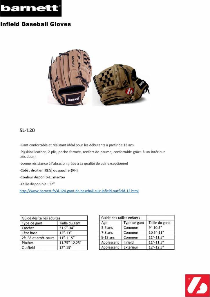 SL-120 Baseball gloves in leather infield/outfield, size 12, brown