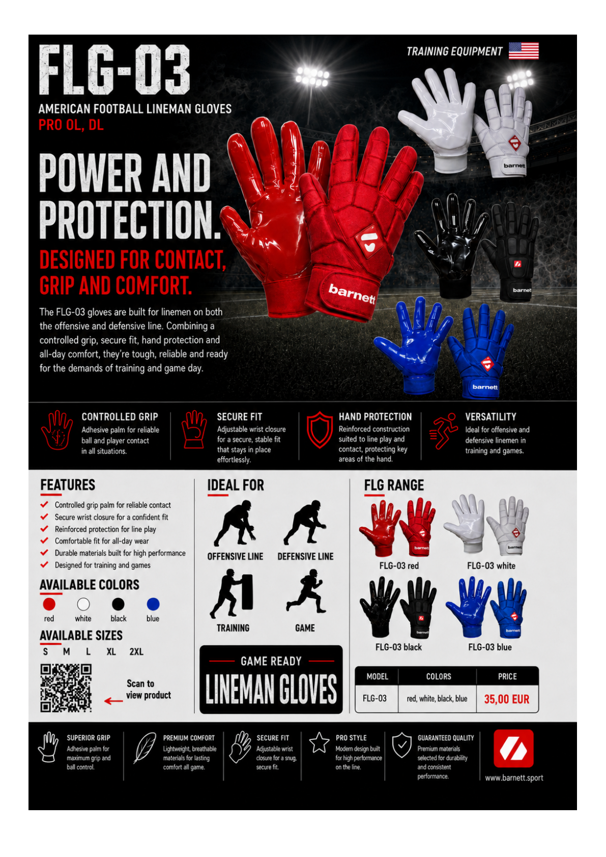 Barnett FLG-03 Blue Professional Linemen Football Gloves, OL, DL (S)