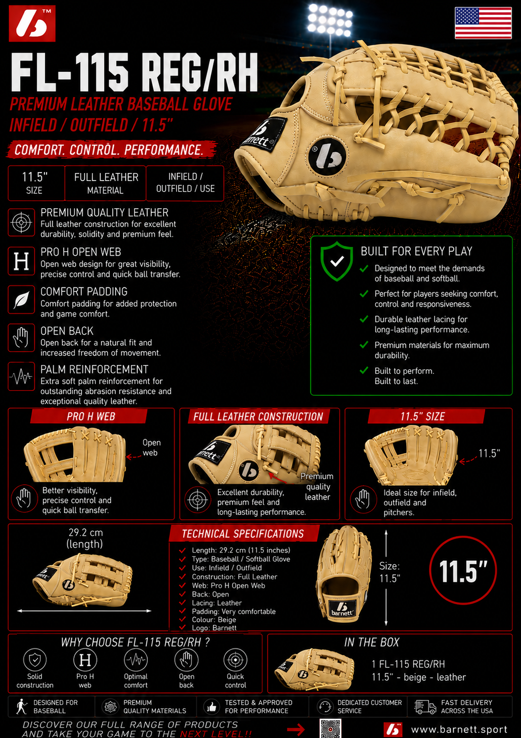 FL-115 Baseball glove, high quality, leather, infield/outfield 11.5", Beige