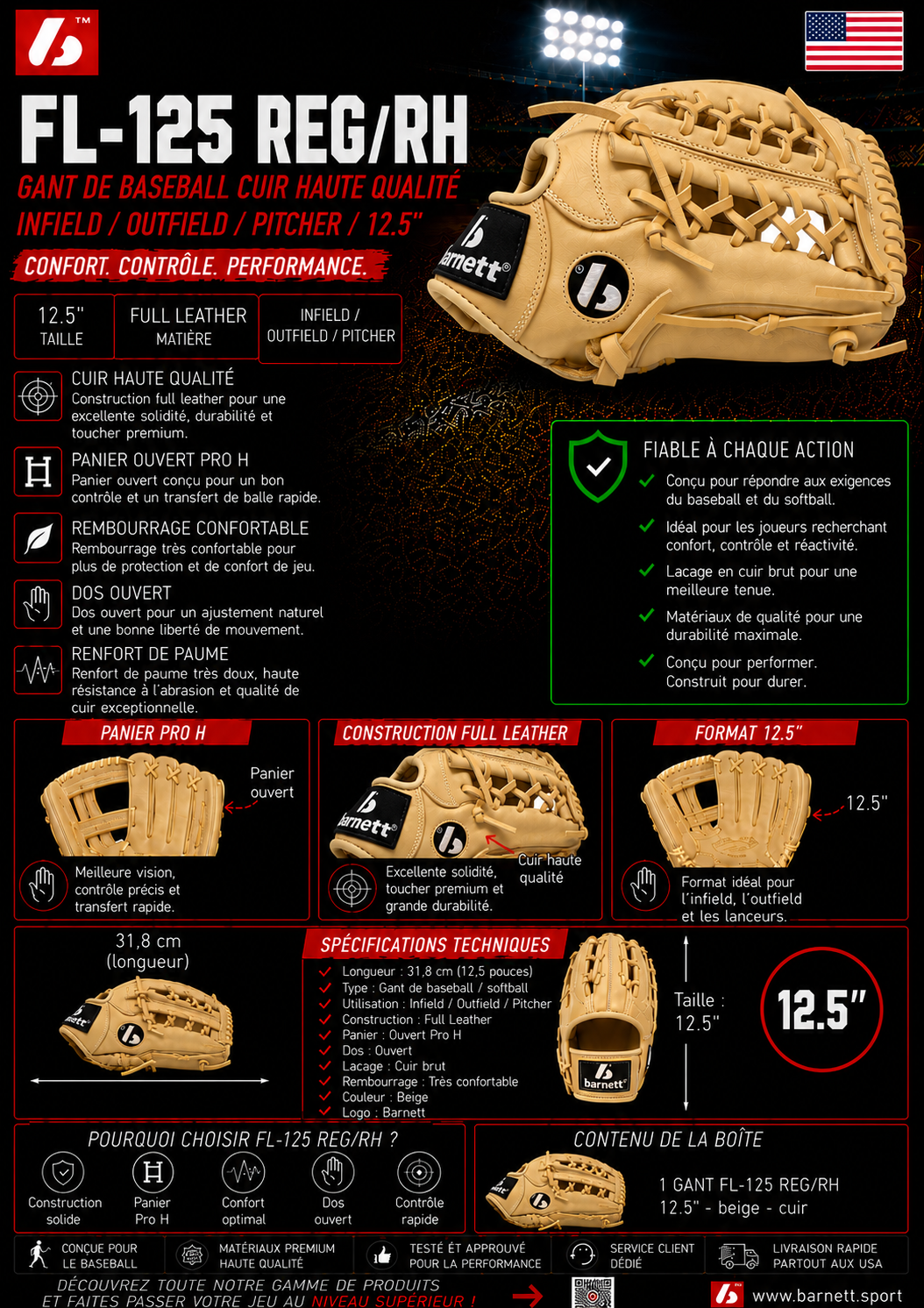 FL-125 Baseball glove, leather, infield/outfield/pitcher, 12.25", Beige
