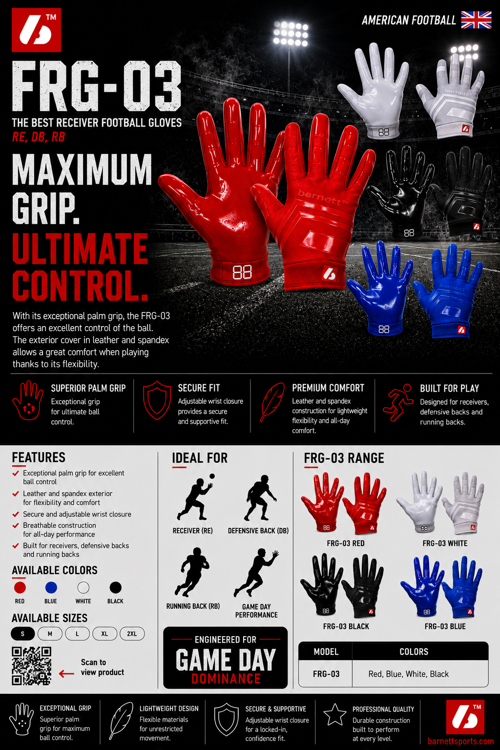 Barnett FRG-03 Junior receiver football gloves, Black
