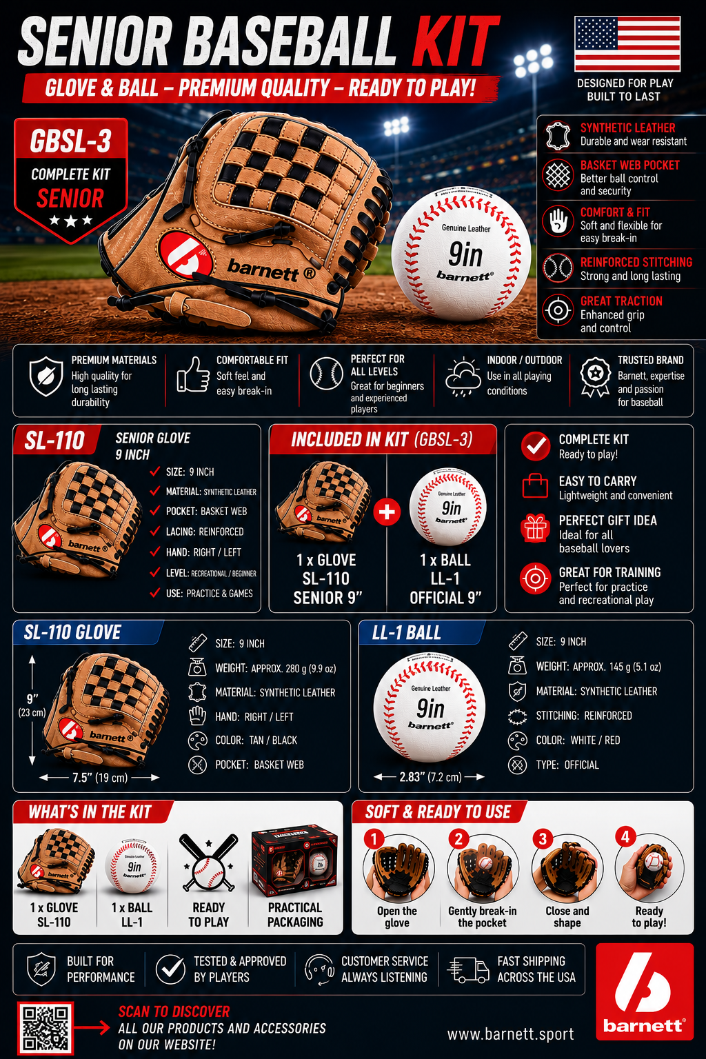 GBSL-3 Baseball set, Leather 11" Glove & ball (SL-110, LL-1)