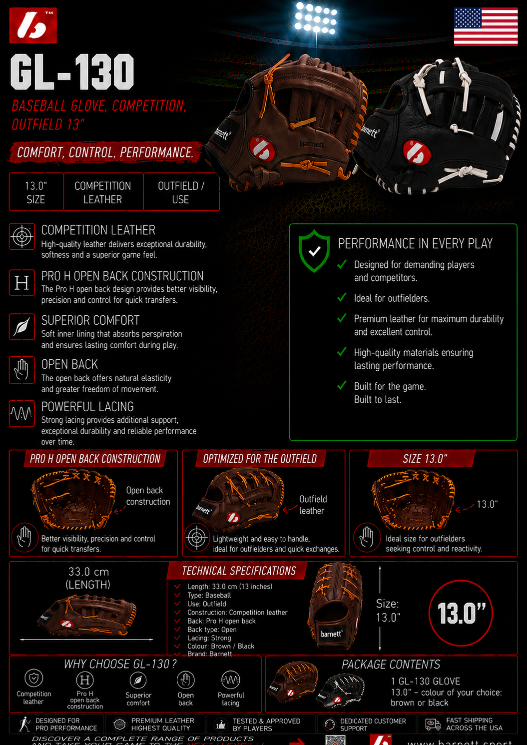 Guante de béisbol de competición GL-130, cuero genuino, tamaño 13, marrón