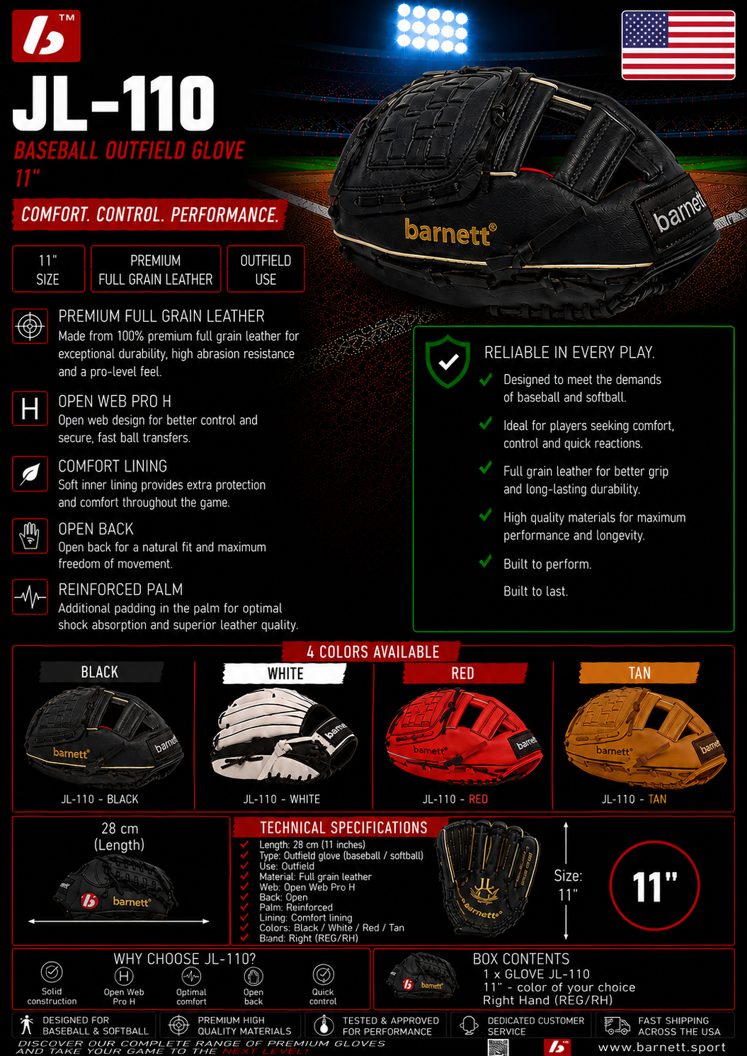 Guante de béisbol JL-110, para exteriores, poliuretano, talla 11", color canela (lanzamiento a la derecha)