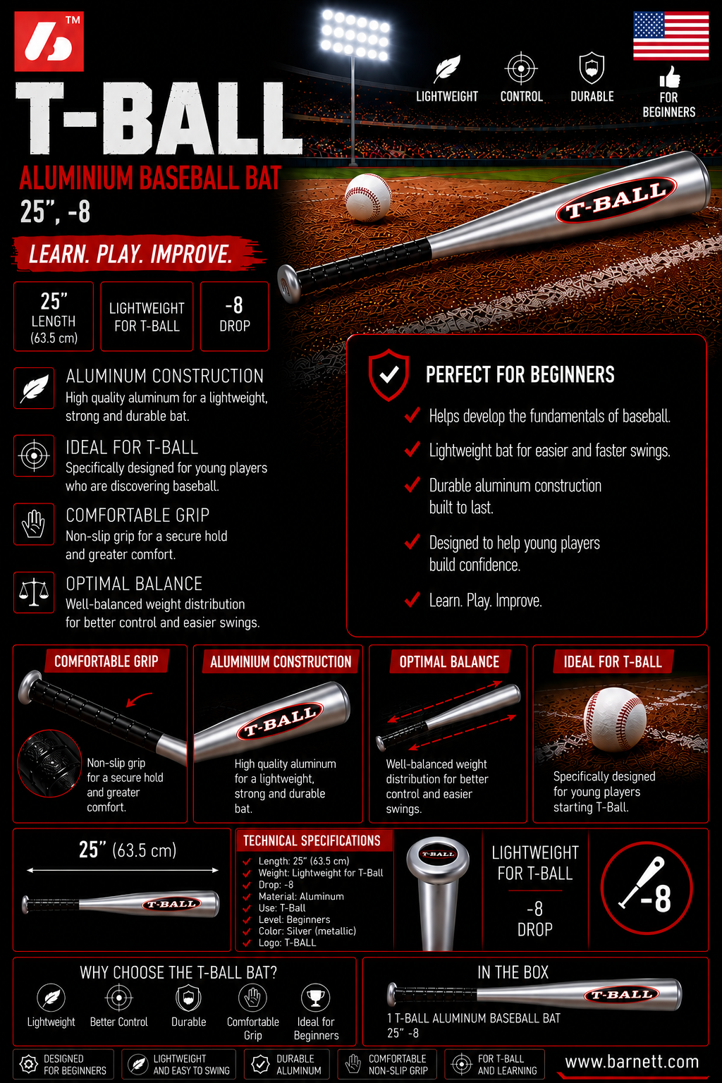 T-BALL Aluminium baseball bat, Size 25 (71,12 cm), Silver metal