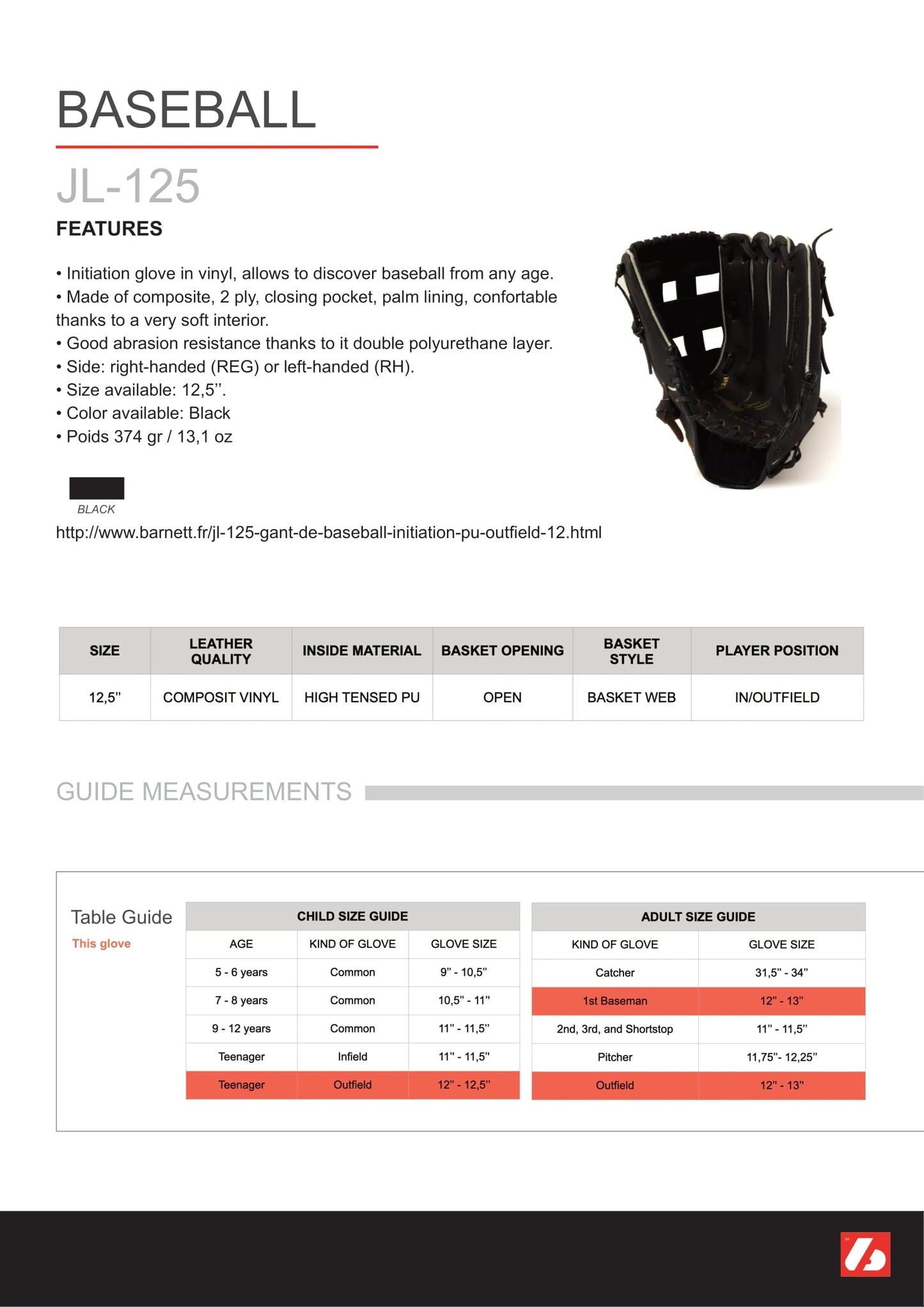 JL-125 Vinyl baseball glove, Outfield, size 12,5, Black